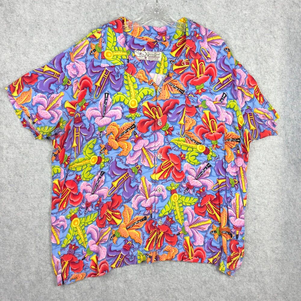 VTG BayouWear Fleur de Jazz 2007 Print XL Rayon Hawaiian Shirt USA Jazz Fest